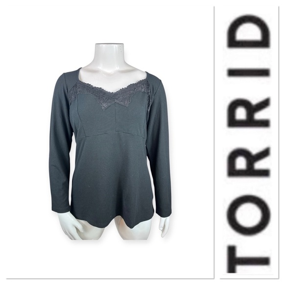 Torrid super soft ribbed long sleeve black top with lace inset size 3-3X/22-24 - Picture 1 of 10